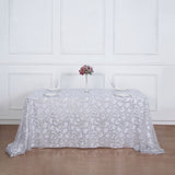 90x156inch Silver Sequin Leaf Embroidered Rectangular Tablecloth, Seamless Sheer Table Overlay