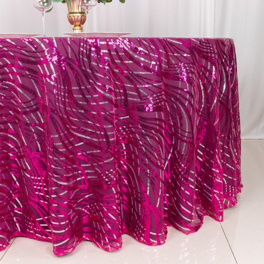120inch Fuchsia Silver Wave Mesh Round Tablecloth With Embroidered Sequins