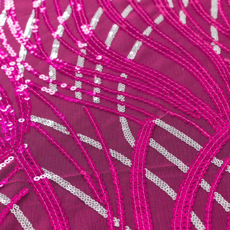 120inch Fuchsia Silver Wave Mesh Round Tablecloth With Embroidered Sequins#whtbkgd