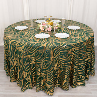 Add Splendor to Your Event with the Hunter Emerald Green Gold Wave Mesh Round Tablecloth