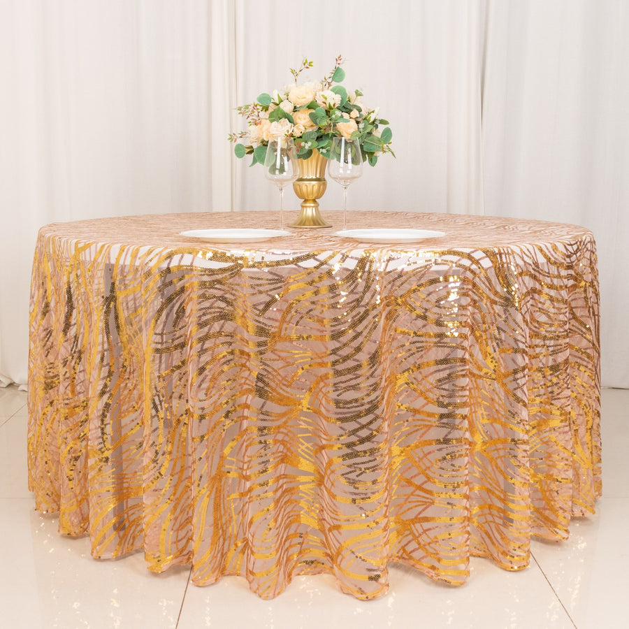 120inch Rose Gold Wave Mesh Round Tablecloth With Gold Embroidered Sequins