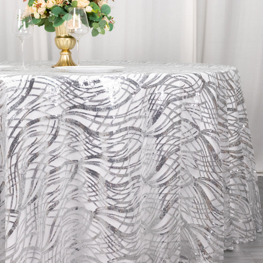 120inch Silver Wave Mesh Round Tablecloth With Embroidered Sequins