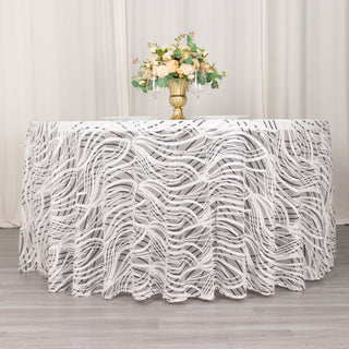 Elevate Your Event with the 120" White Black Wave Mesh Round Tablecloth