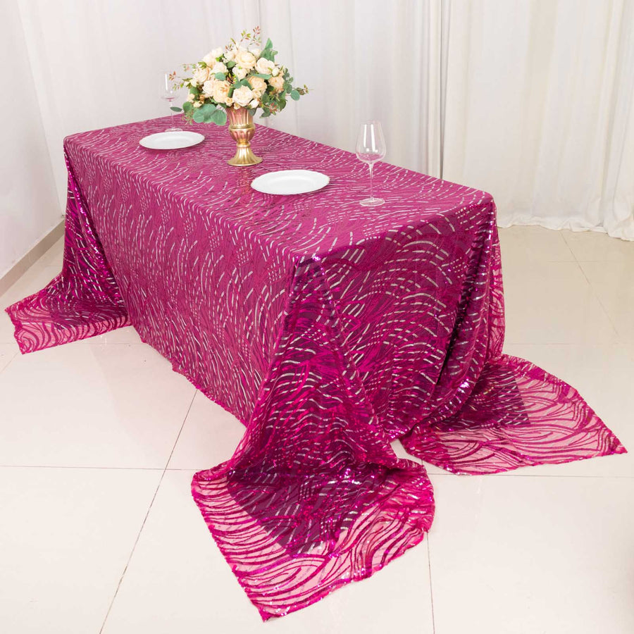 90x156inch Fuchsia Silver Wave Mesh Rectangular Tablecloth With Embroidered Sequins