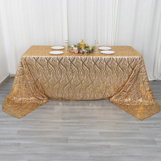 Elevate Your Event with the Gold Wave Mesh Rectangular Tablecloth