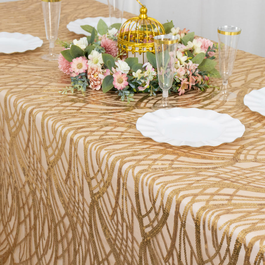 90x156inch Gold Wave Mesh Rectangular Tablecloth With Embroidered Sequins