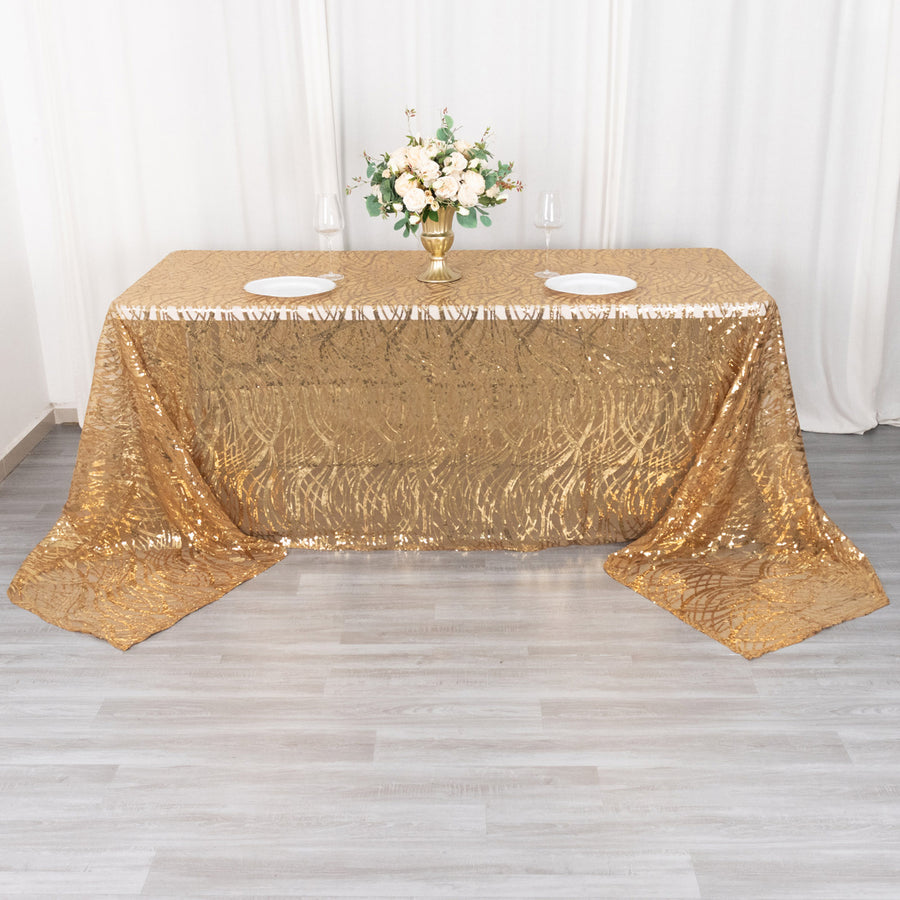 90x156inch Gold Wave Mesh Rectangular Tablecloth With Embroidered Sequins