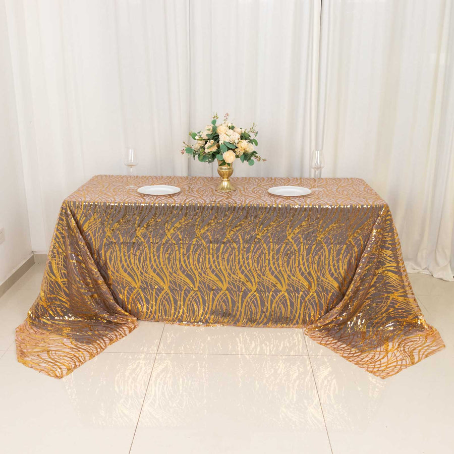 90x156inch Rose Gold Wave Mesh Rectangular Tablecloth With Gold Embroidered Sequins