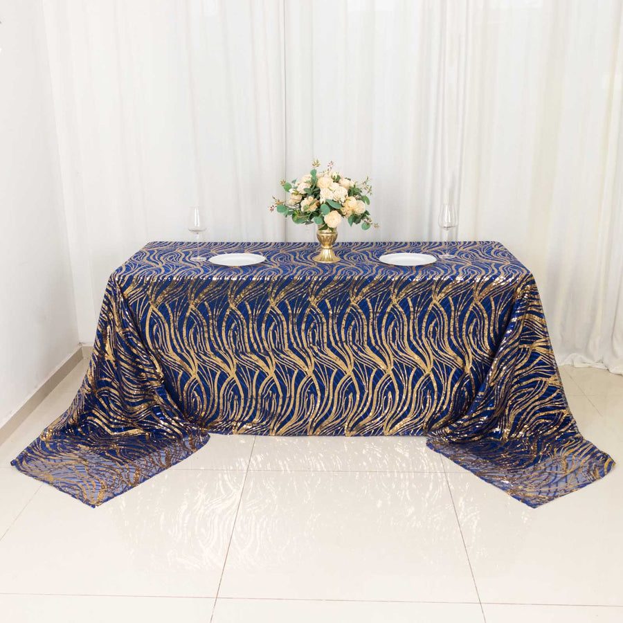 90x156inch Royal Blue Gold Wave Mesh Rectangular Tablecloth With Embroidered Sequins
