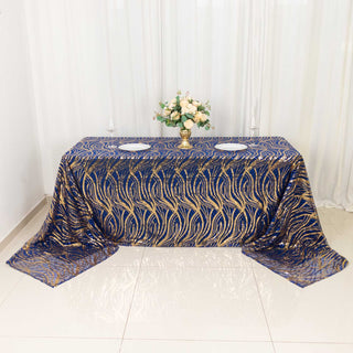 Elevate Your Event with the Royal Blue Gold Wave Mesh Tablecloth