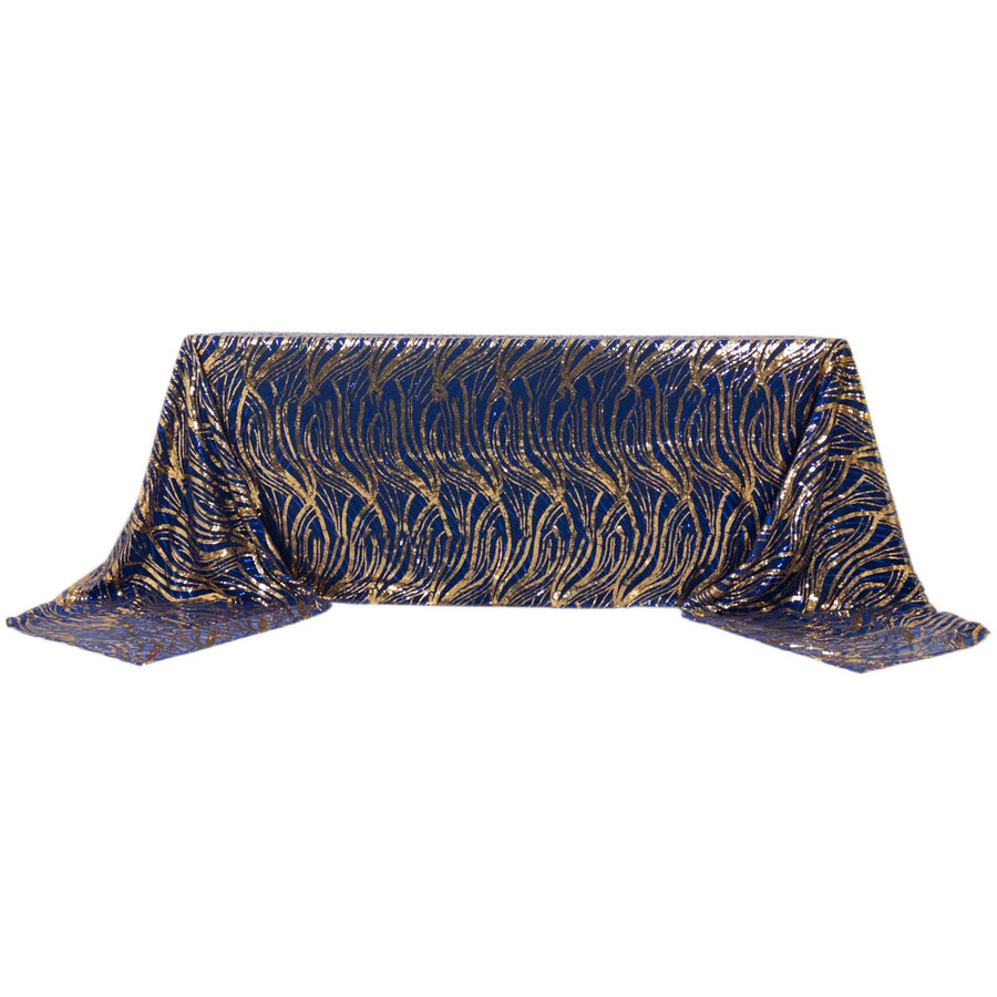 90x156inch Royal Blue Gold Wave Mesh Rectangular Tablecloth With Embroidered Sequins