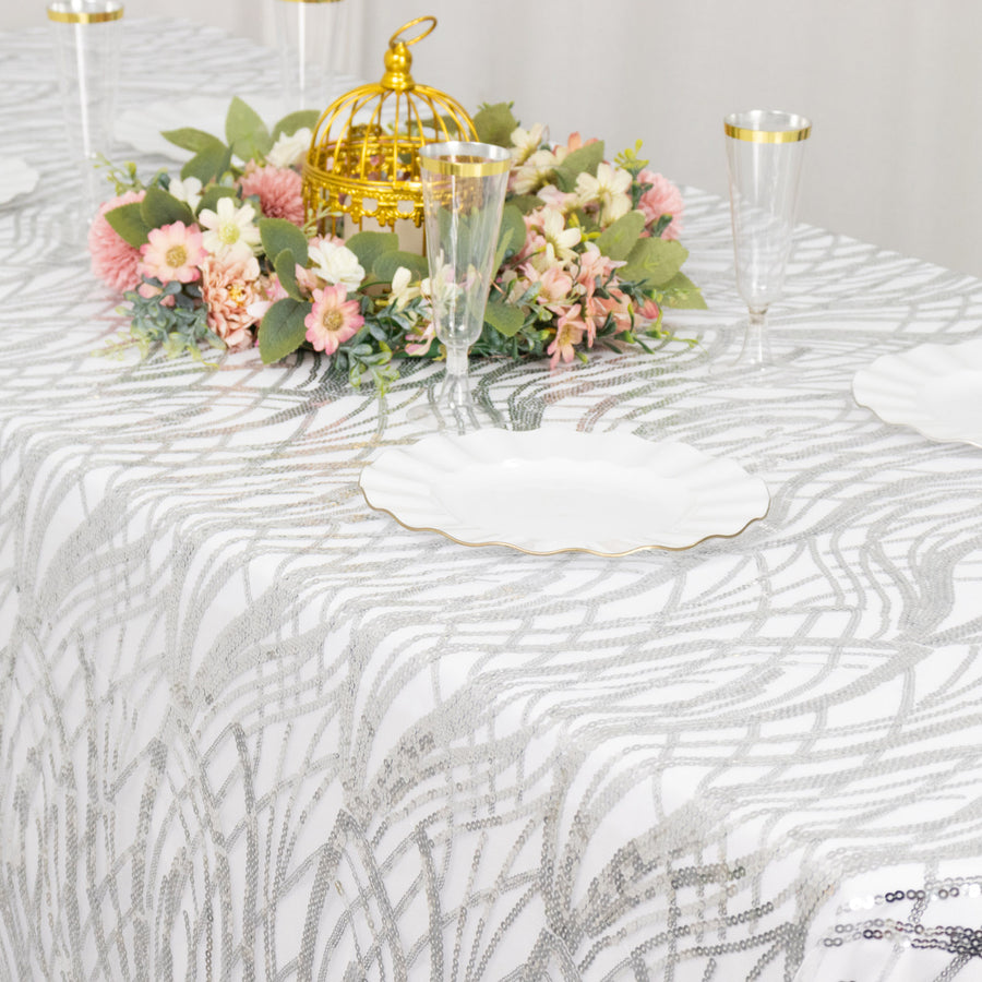 90x156inch Silver Wave Mesh Rectangular Tablecloth With Embroidered Sequins