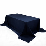 Navy blue tablecloth draped elegantly over a rectangular table