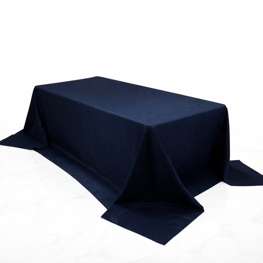 Navy blue tablecloth draped elegantly over a rectangular table