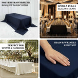Polyester oversized banquet tablecloth in navy blue for events and catering.