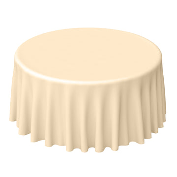 120" Beige Seamless Polyester Round Tablecloth for 5 Foot Table With Floor-Length Drop