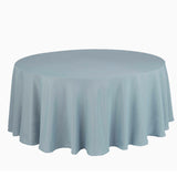 Round light blue tablecloth with elegant drape and soft texture