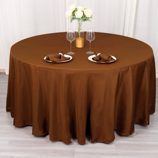 Elevate Your Event with the 120" Cinnamon Brown Seamless Polyester Round Tablecloth