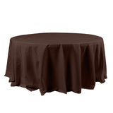Round brown tablecloth with elegant draping.