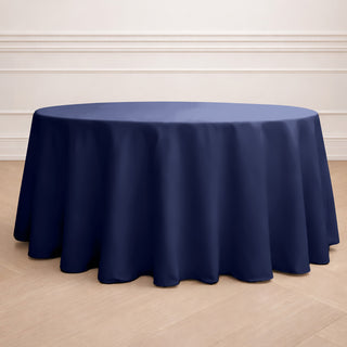 Navy round tablecloth draped elegantly on a table