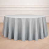 Round gray tablecloth draped elegantly over a circular table.