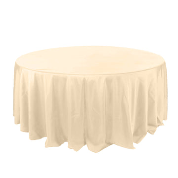 132" Beige Seamless Polyester Round Tablecloth for 6 Foot Table With Floor-Length Drop