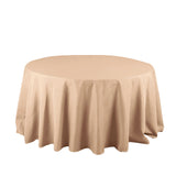 Round beige tablecloth with elegant draping