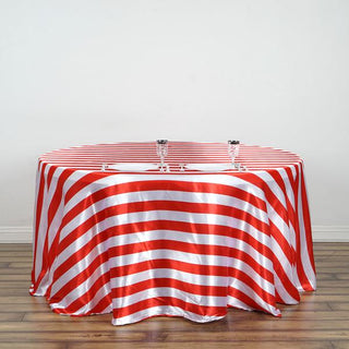 120" Red / White Seamless Stripe Satin Round Tablecloth