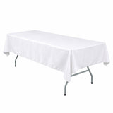 White rectangular table with fitted tablecloth on folding legs