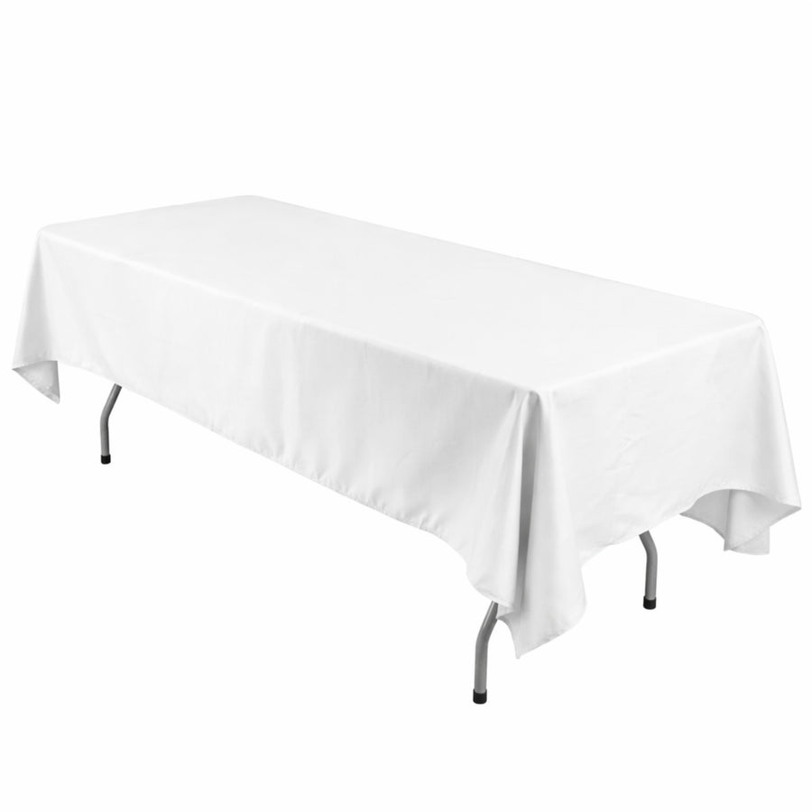 White rectangular tablecloth on folding table in a clean studio shot