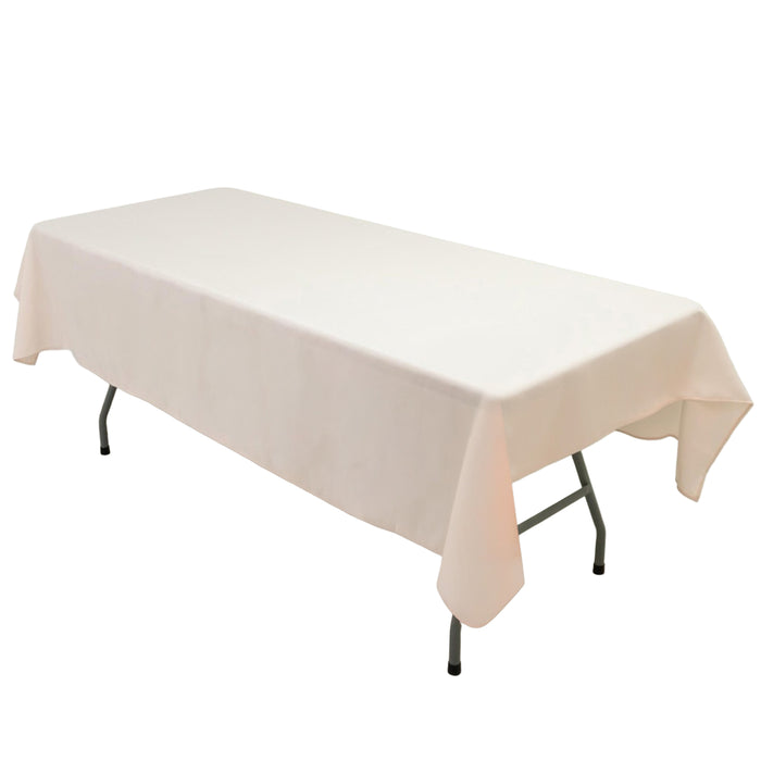 White rectangular table with a tablecloth, suitable for events or dining.