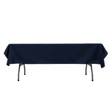 Navy blue tablecloth on a folding table