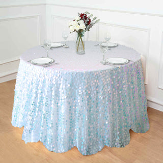 120" Iridescent Blue Seamless Big Payette Sequin Round Tablecloth Premium Collection