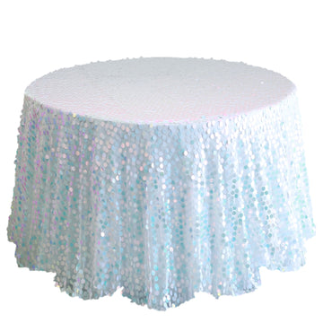 Sequin 120" Round Tablecloth Iridescent Blue - Seamless Big Payette Table Cover