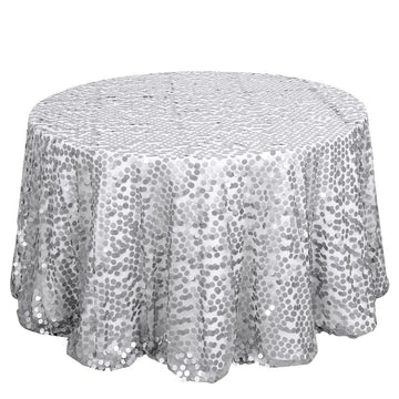 Sequin 120" Round Tablecloth SIlver - Seamless Big Payette Design Table Cover