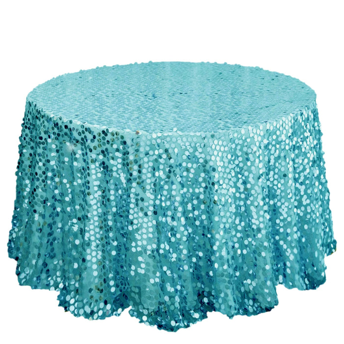 120 Inch | Big Payette Turquoise Sequin Round Tablecloth Premium Collection | TableclothsFactory