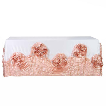 90"x156" White Blush Seamless Large Rosette Rectangular Lamour Satin Tablecloth for 8 Foot Table With Floor-Length Drop