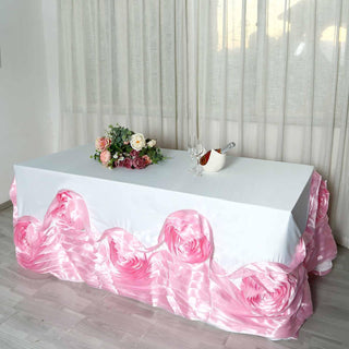 Elegant White Pink Rosette Rectangular Tablecloth for Stunning Event Decor