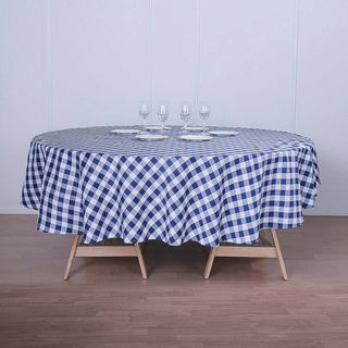 Elevate Your Event with the White/Navy Blue Buffalo Plaid Round Tablecloth