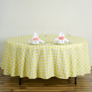 Elevate Your Table Setting with a Stunning White/Yellow Buffalo Plaid Round Tablecloth