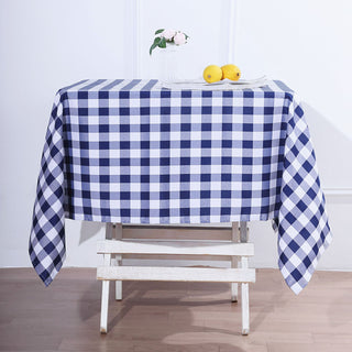 Elevate Your Event with the White/Navy Blue Seamless Buffalo Plaid Square Tablecloth