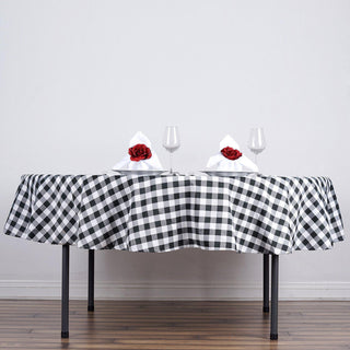 Add Elegance to Your Event with the White/Black Seamless Buffalo Plaid Round Tablecloth