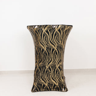 <h3 style="margin-left:0px;"><strong>Black Gold Wave Embroidered Sequin Cocktail Spandex Table Cover</strong>