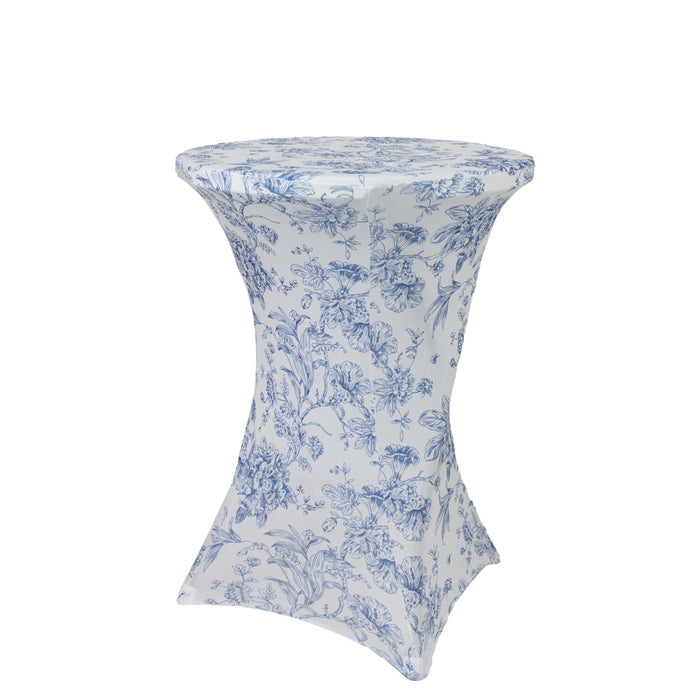 Spandex Round Cocktail Table Cover – Blue & White French Toile