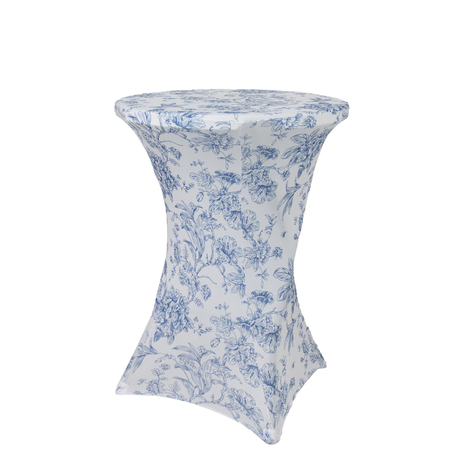 Spandex Round Cocktail Table Cover – Blue & White French Toile
