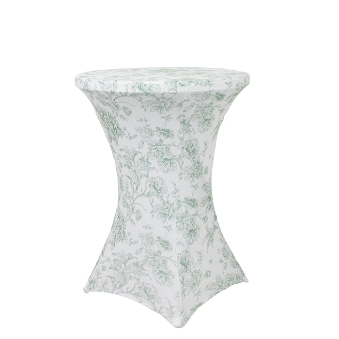 Spandex Round Cocktail Table Cover – Dusty Sage Green & White French Toile
