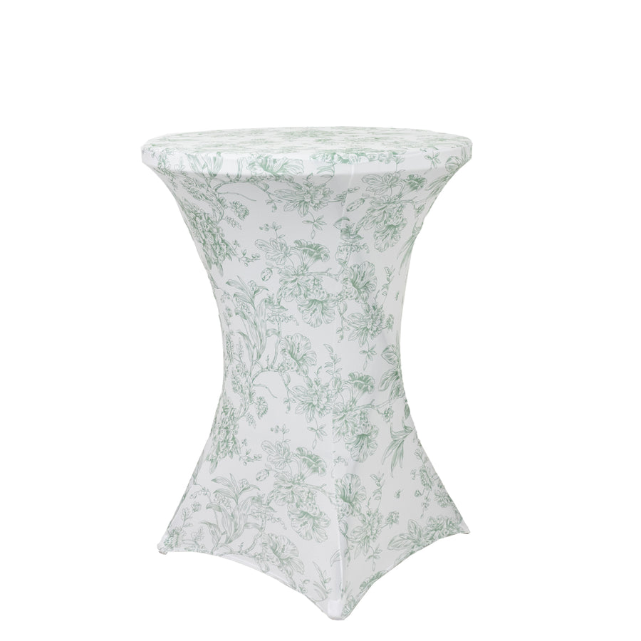 Spandex Round Cocktail Table Cover – Dusty Sage Green & White French Toile