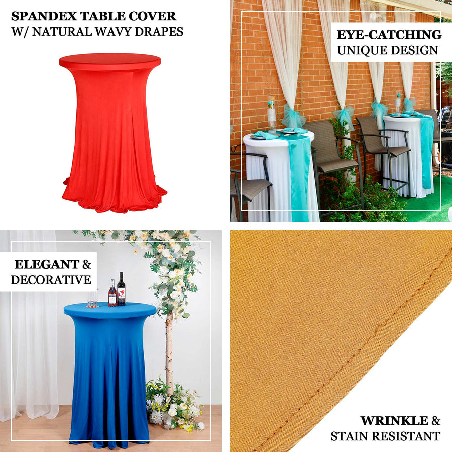 Red  Round Heavy Duty Spandex Cocktail Table Cover With Natural Wavy Drapes