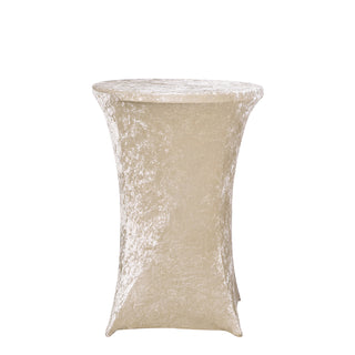 Enhance Your Event with the Beige Crushed Velvet Spandex Fitted Round Highboy Cocktail Table Cover