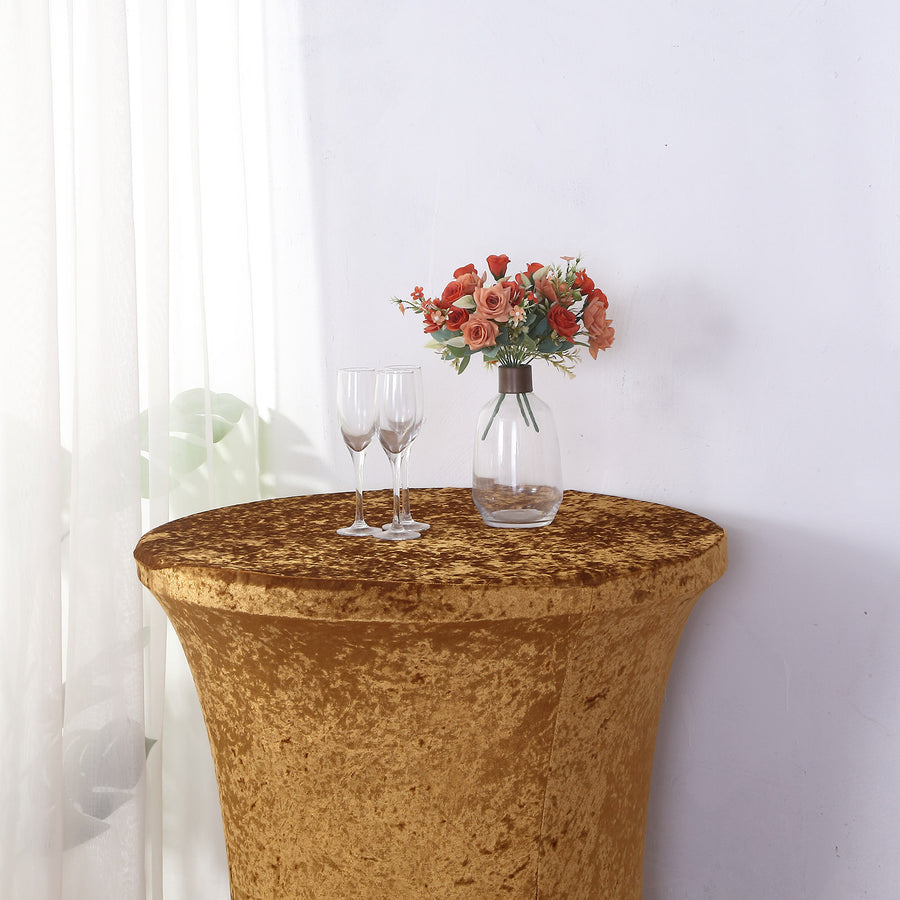 Gold Crushed Velvet Spandex Fitted Round Highboy Cocktail Table Cover
